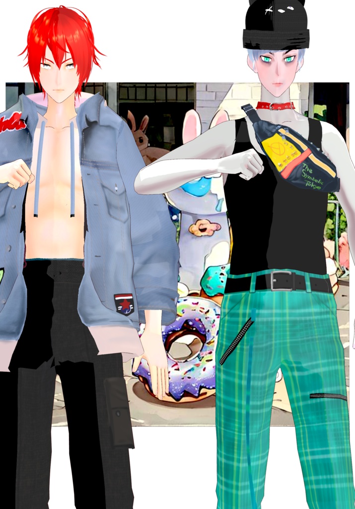 Plaid/Denim And Patches Set Vintage Harajuku 80s Tokyo Street