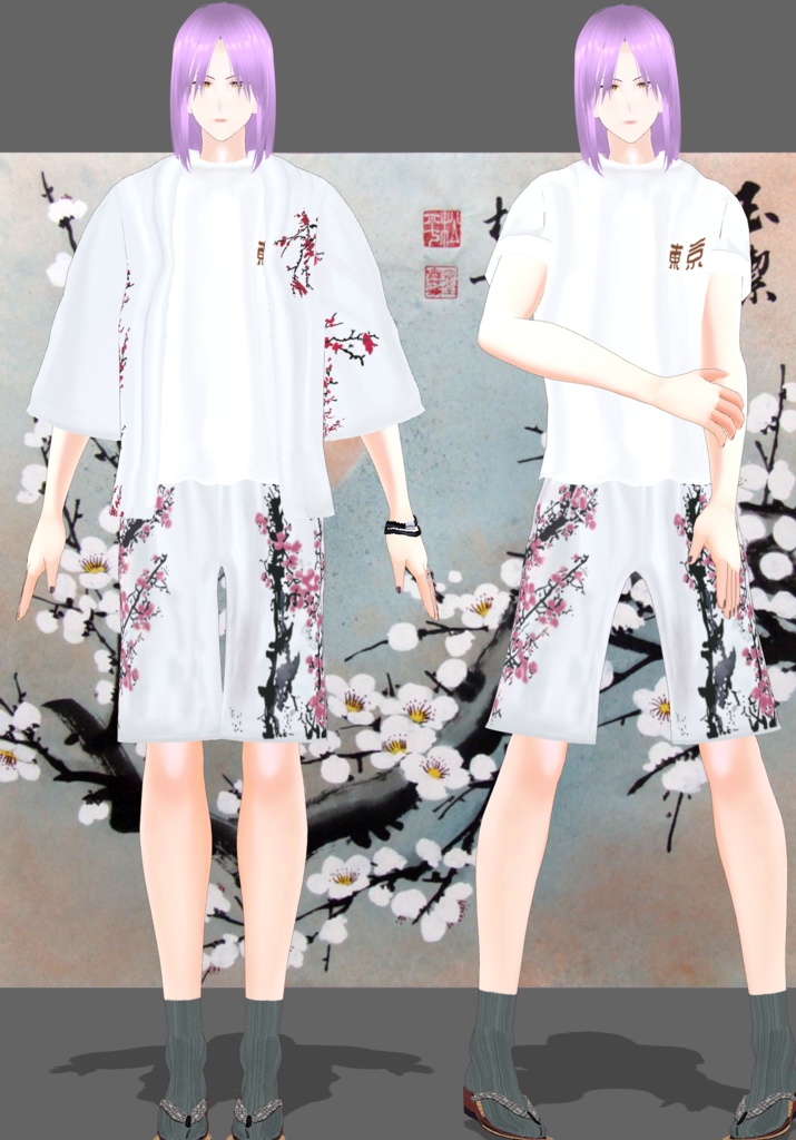 Plum Blossom Festive Shorts Set Modern Kimono Style
