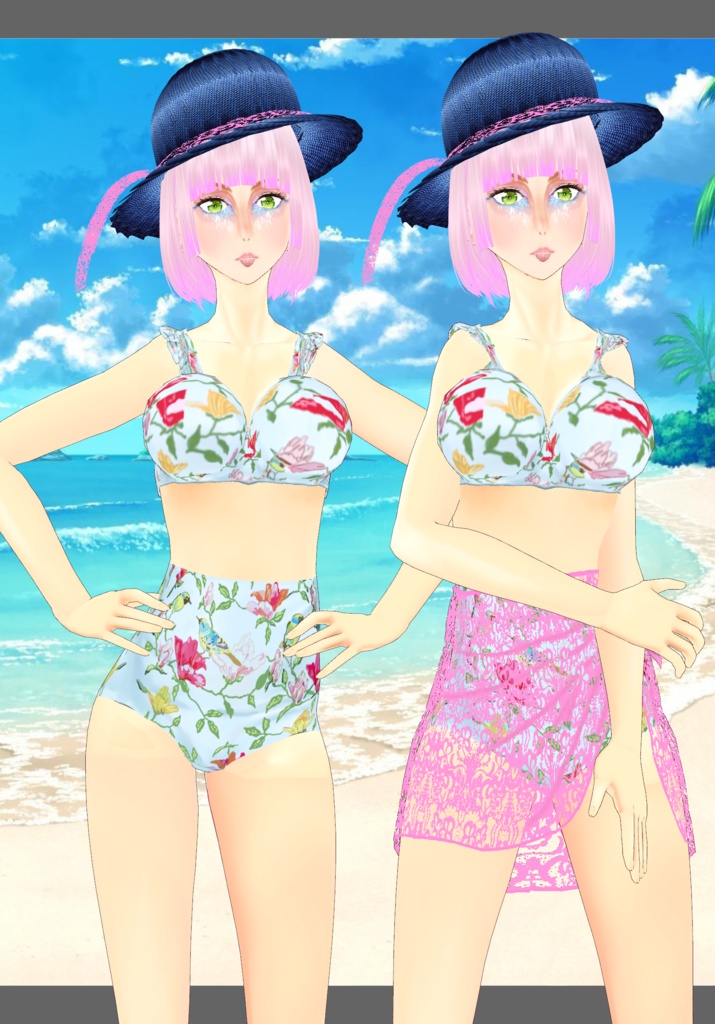 Blue/Pink Tropical High-waisted Bikini Set