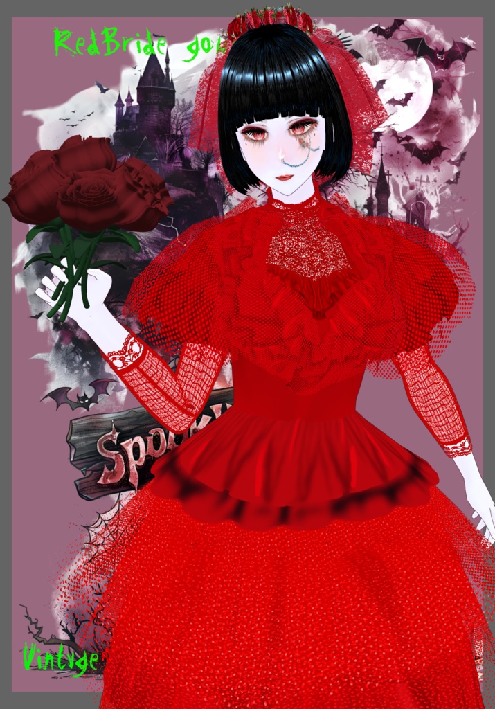 Red Bride Goth/Lolita BeetleJuice. 80s Vintage Horror