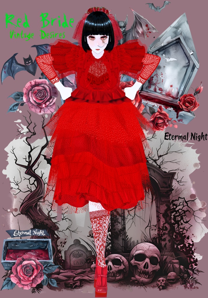 Red Bride Goth/Lolita BeetleJuice. 80s Vintage Horror