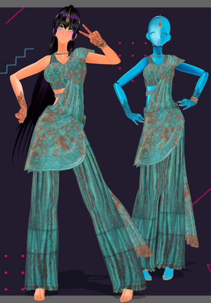 TealBunchPrintSharara Saree. Traditional Indian