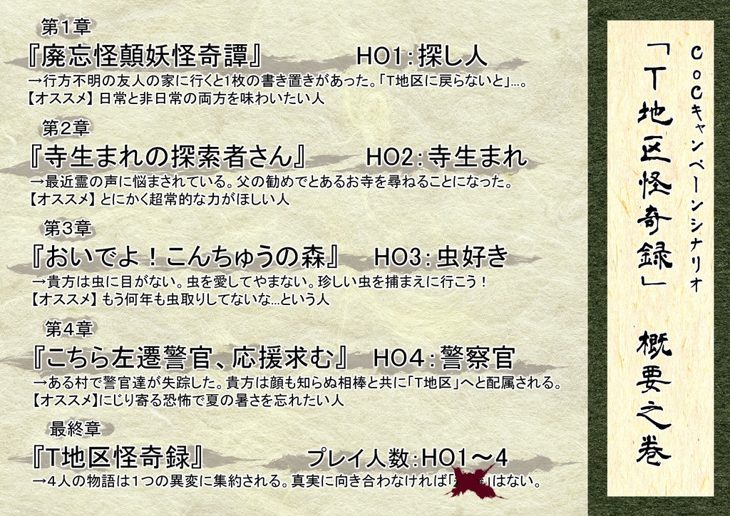 CoC第6版キャンペーンシナリオ「T地区怪奇録」(SPLL:E199568)