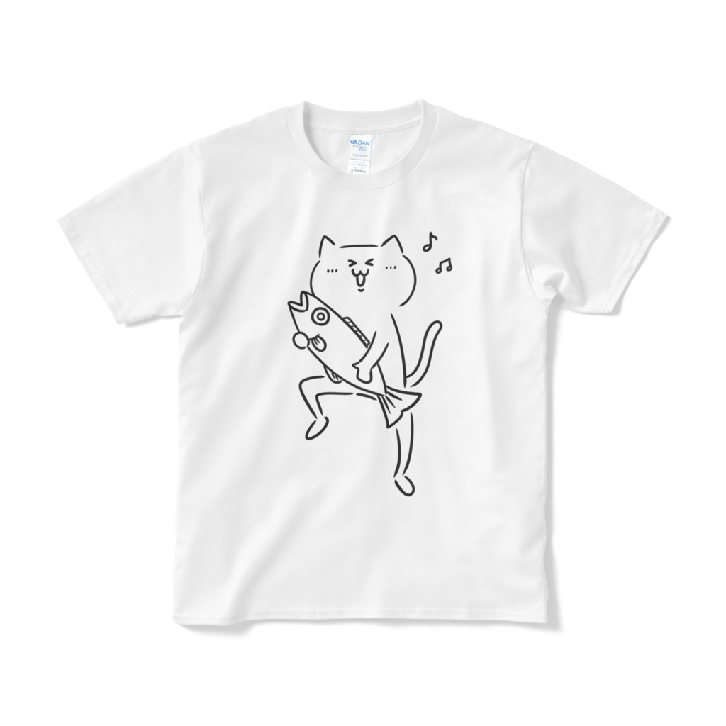 【デカねこ】魚をゲットして嬉しい猫のTシャツ
