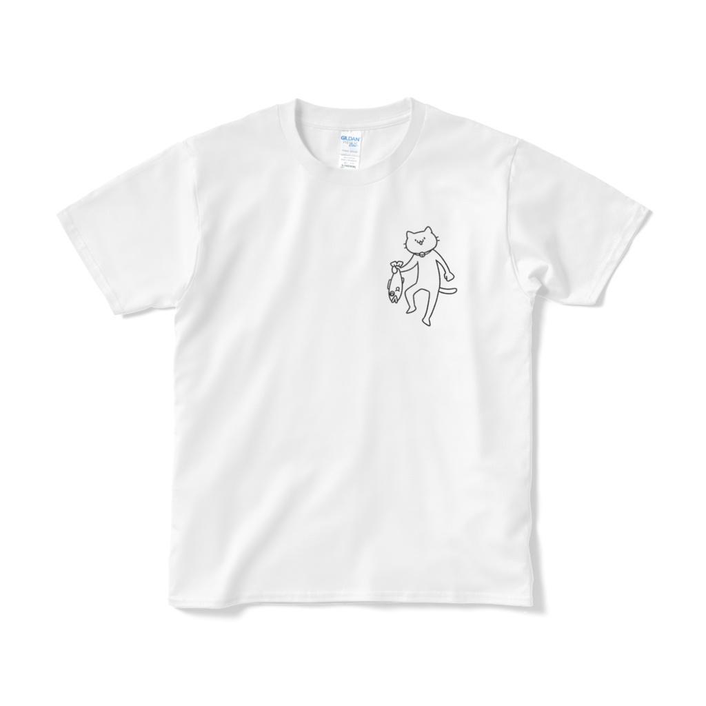 魚を持ち帰る猫（小プリント／線画）Tシャツ