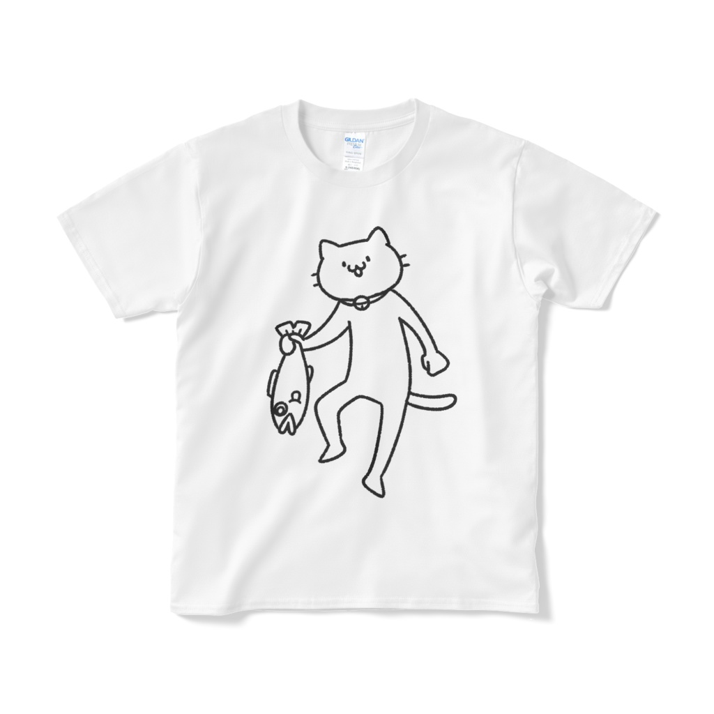 【デカねこ】魚を持ち帰る猫(大プリント/線画)Tシャツ