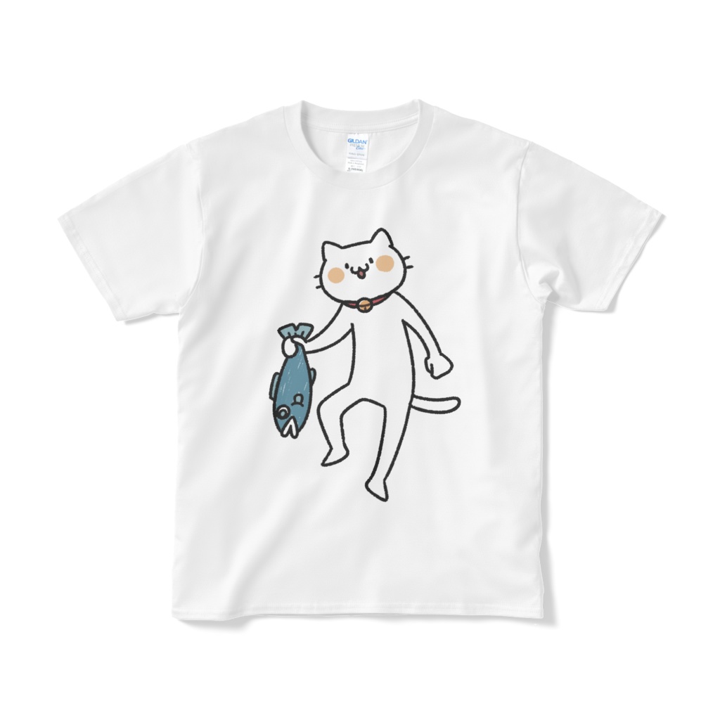 【デカねこ】魚を持ち帰る猫(大プリント/カラー)Tシャツ