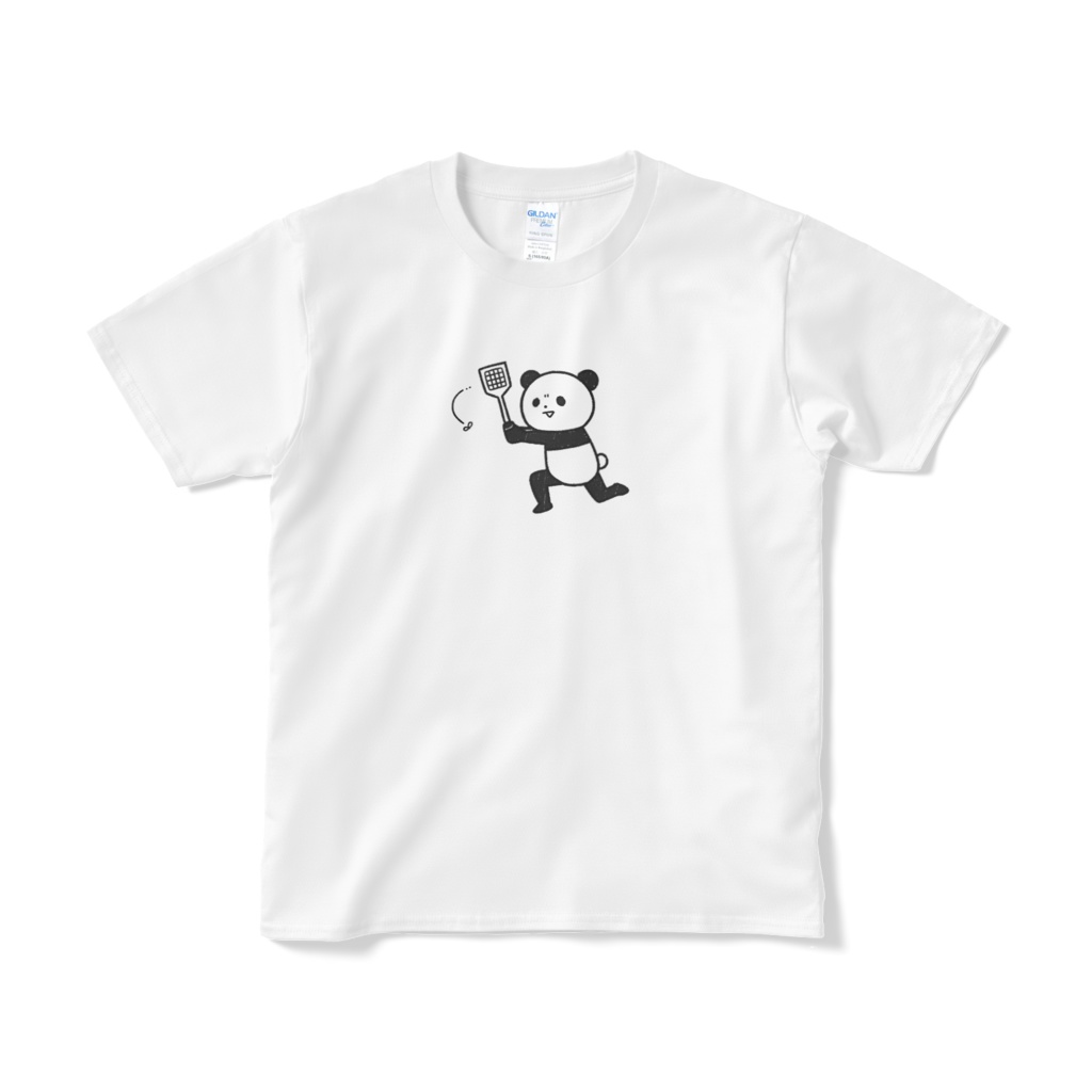 ハエを追い回すパンダ(小プリント/線画)Tシャツ