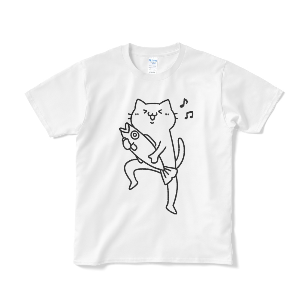 【デカねこ】魚をゲットして嬉しい猫(大プリント/線画)Tシャツ