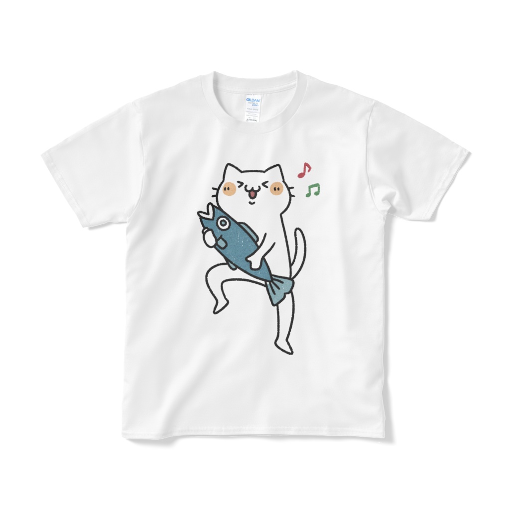 【デカねこ】魚をゲットして嬉しい猫(大プリント/カラー)Tシャツ
