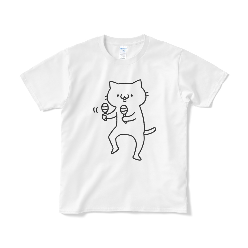 【デカねこ】マラカスねこ（大プリント／線画）Tシャツ