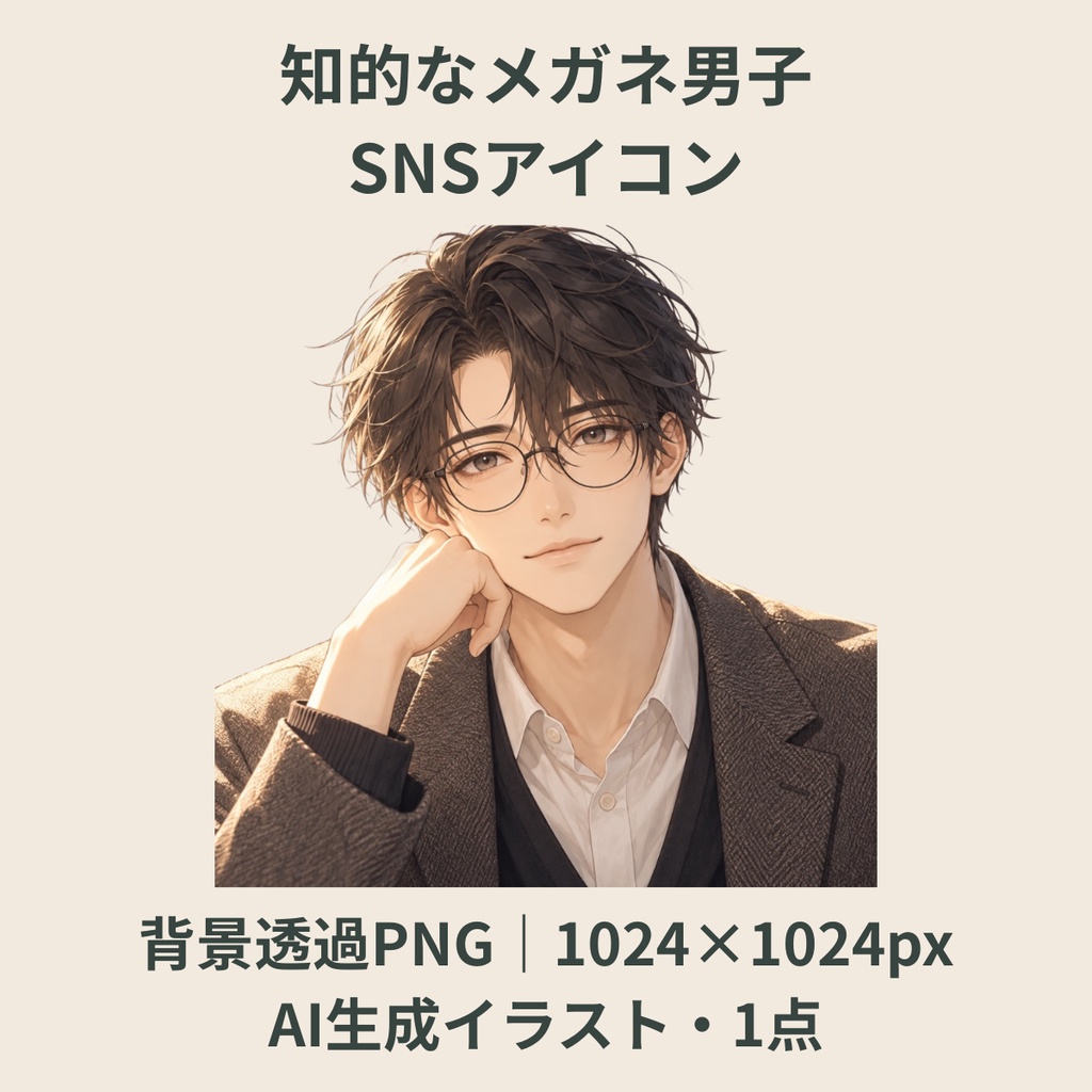 【AI生成】知的なメガネ男子SNSアイコン｜落ち着き・やさしい雰囲気