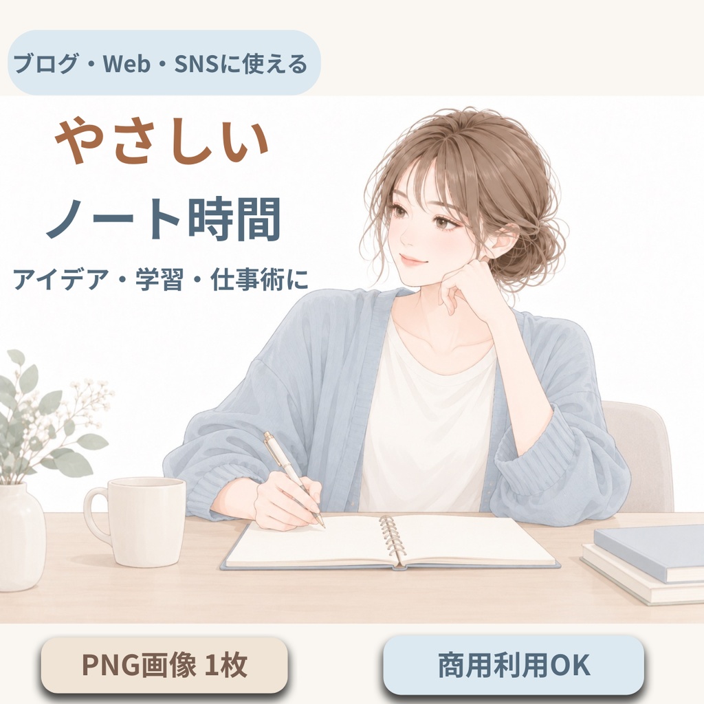 やさしいノート時間|アイデアを考える女性のイラスト素材【PNG・商用利用可】