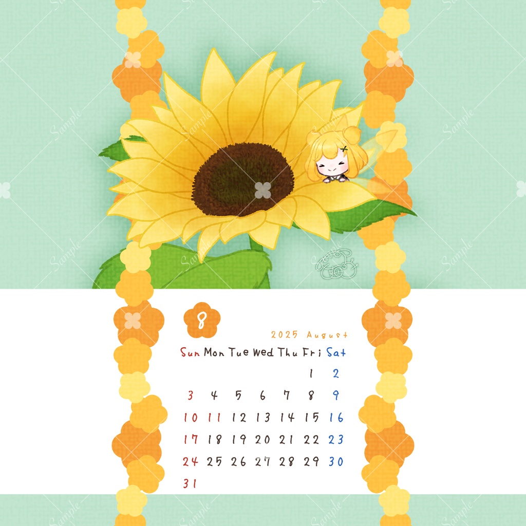 お花ようせいさんのスマホ待受カレンダー【8月】