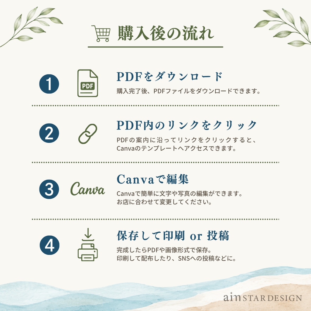 オープンチラシA4| Canva編集テンプレート|海の見えるナチュラルカフェ風デザイン
