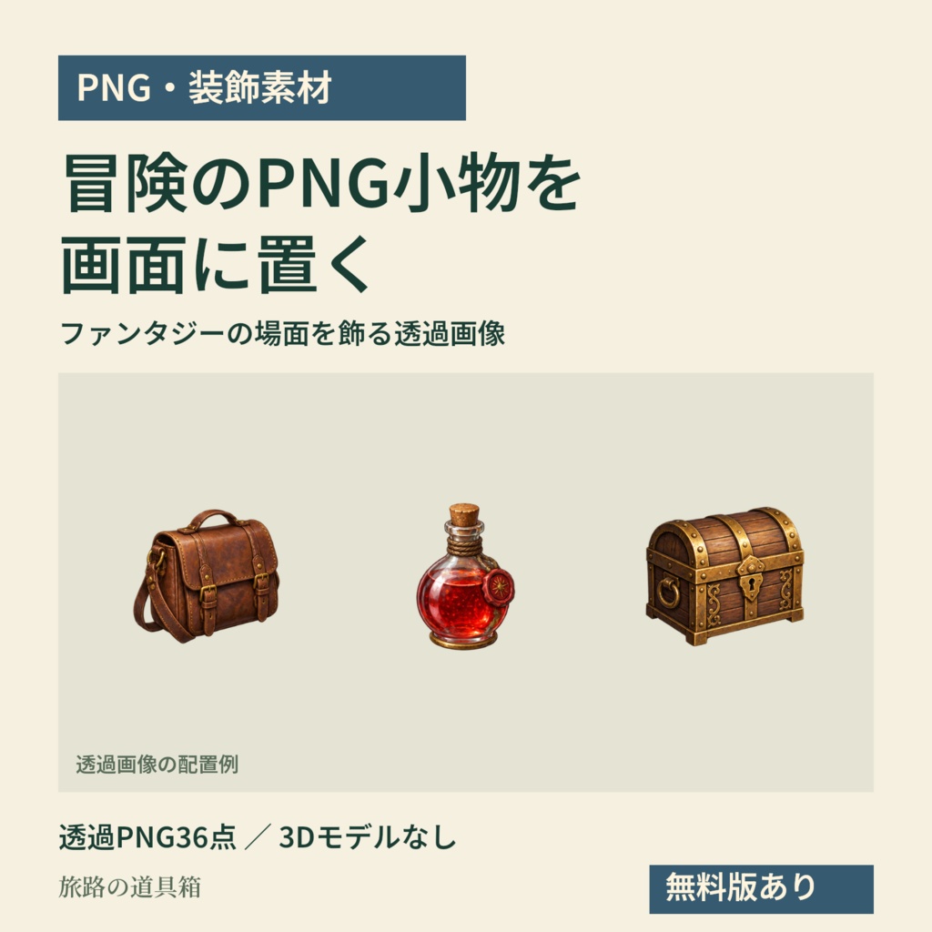 【PNG・装飾素材】TRPGの画面に置く冒険小物36点｜旅路の道具箱