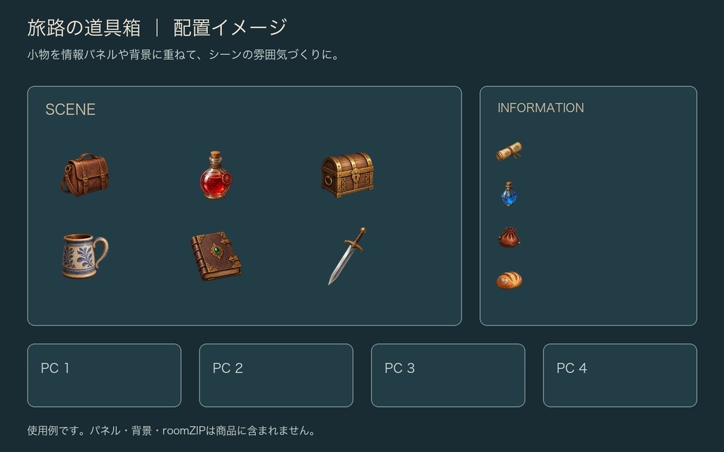 【PNG・装飾素材】TRPGの画面に置く冒険小物36点|旅路の道具箱
