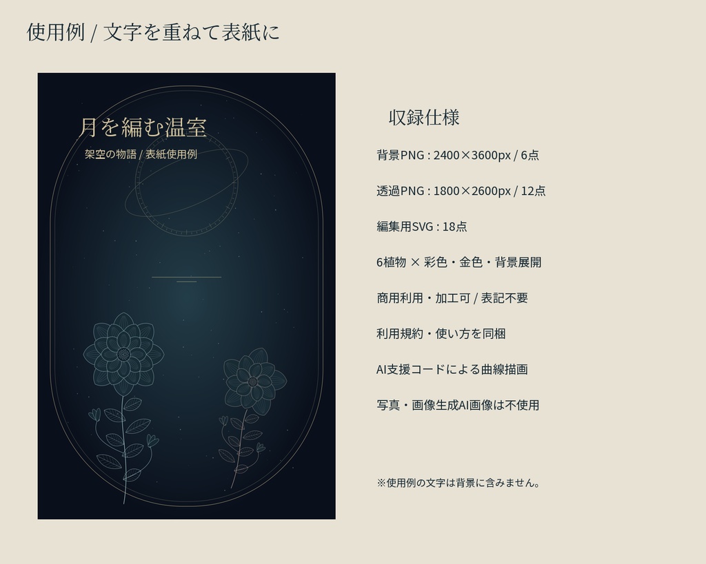 【PNG・装飾素材】表紙・背景を飾る架空植物と星図|夜咲きの標本庭園