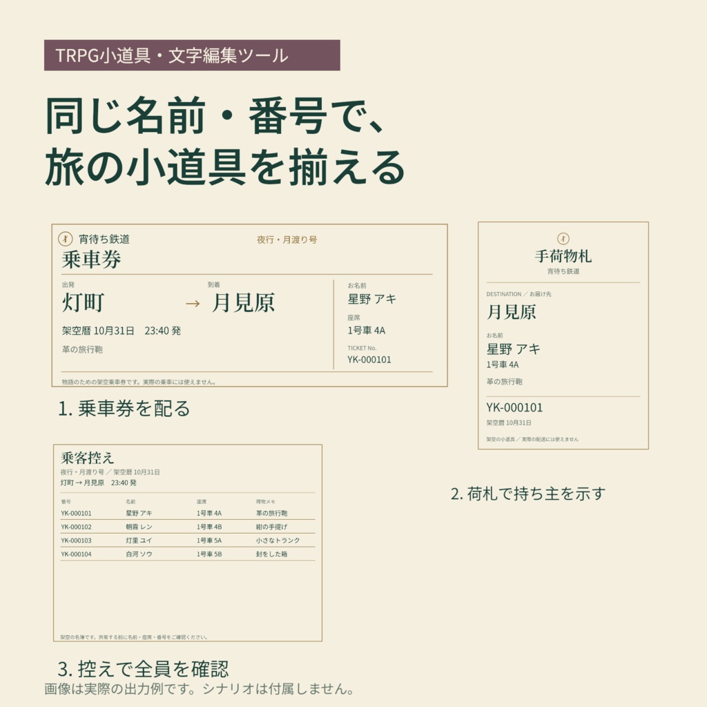 【文字編集ツール】名前入りの切符・荷札をまとめて作る|夜行切符舎