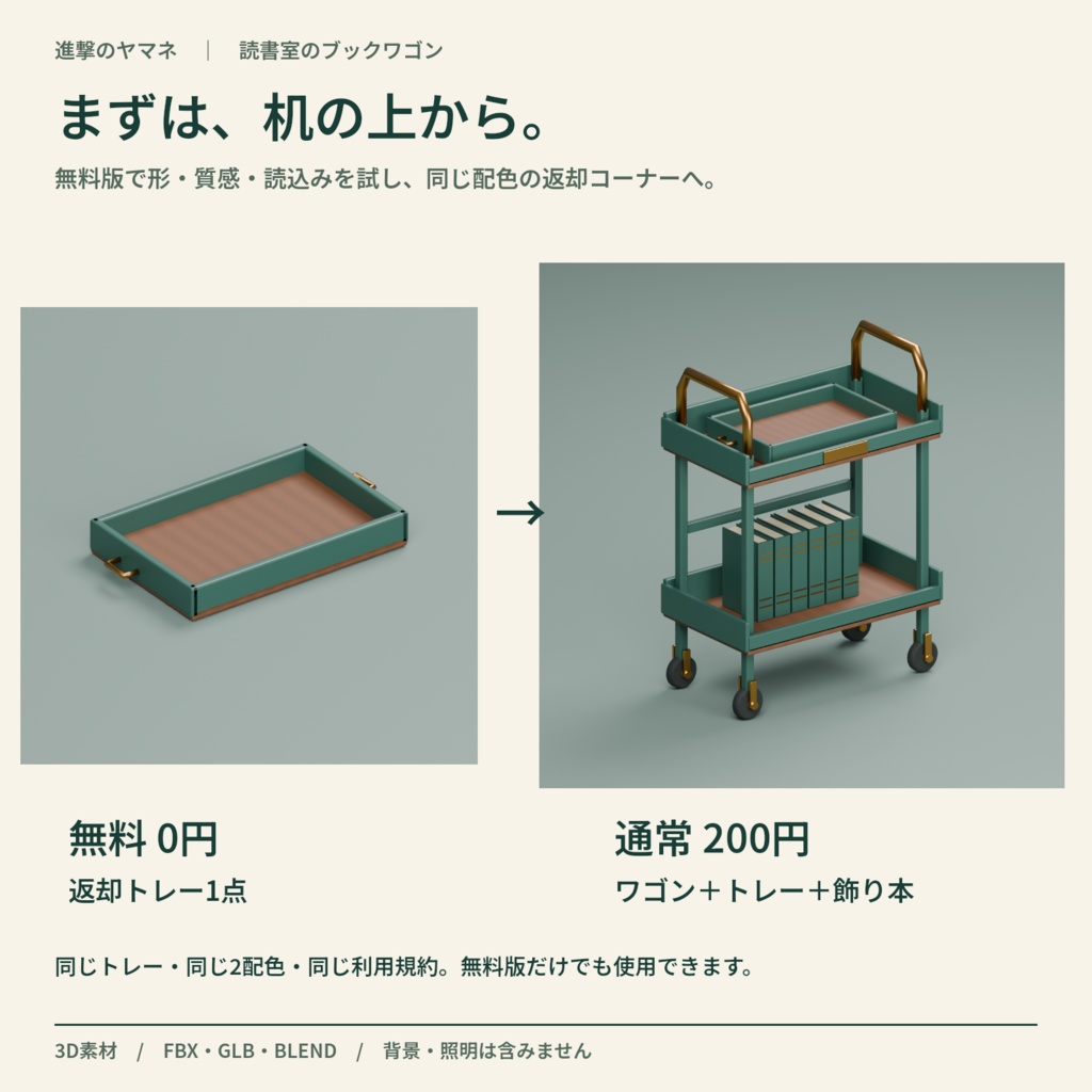 【3D素材】本の返却コーナーを作るワゴンとトレー|読書室のブックワゴン