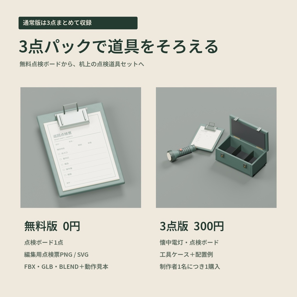 【3Dモデル・3点パック】巡回点検の机に置く懐中電灯・点検ボード・工具ケース|夜番の点検机