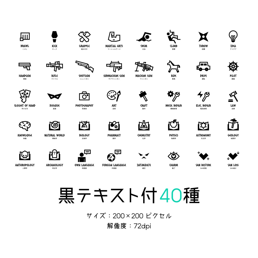 【Vol.2】TRPG技能アイコン40種×17パターン