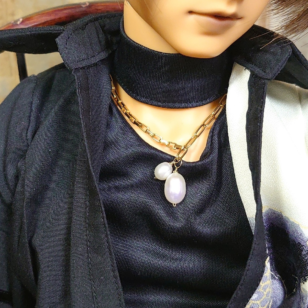 ステンレス製 ステンレス製 淡水パールとアシンメトリーチェーンのブレスレット(ドール用ネックレス兼用)