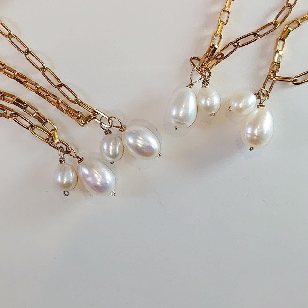 ステンレス製 ステンレス製 淡水パールとアシンメトリーチェーンのブレスレット(ドール用ネックレス兼用)