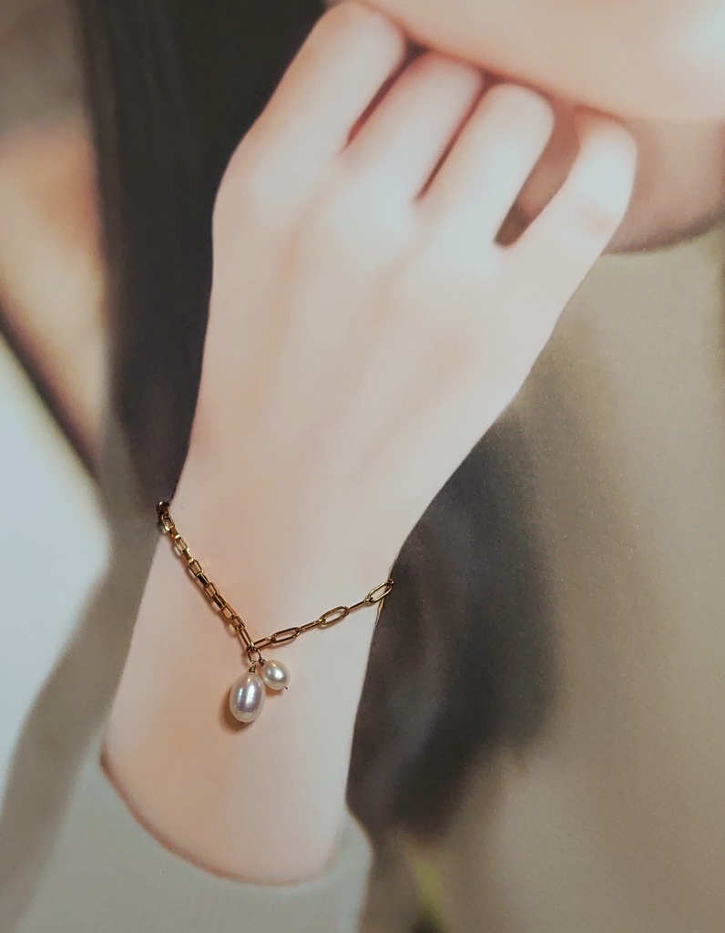 ステンレス製 ステンレス製 淡水パールとアシンメトリーチェーンのブレスレット(ドール用ネックレス兼用)