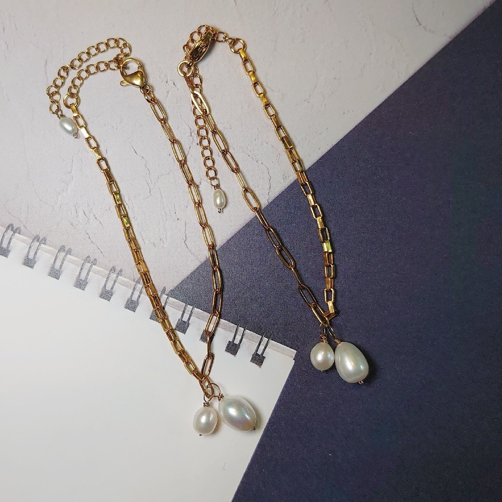 ステンレス製 ステンレス製 淡水パールとアシンメトリーチェーンのブレスレット(ドール用ネックレス兼用)