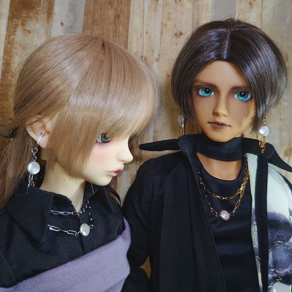 セット品 ステンレス製 コインパールと2連風チェーンのドール用ネックレスと耳飾り(ピアス/イヤリング)