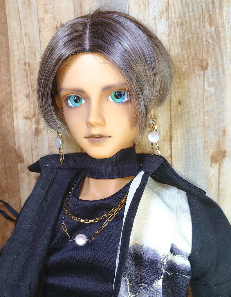 セット品 ステンレス製 コインパールと2連風チェーンのドール用ネックレスと耳飾り(ピアス/イヤリング)