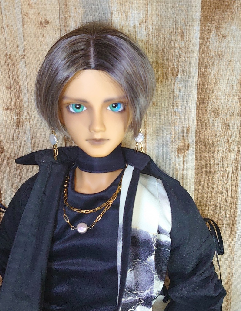 セット品 ステンレス製 コインパールと2連風チェーンのドール用ネックレスと耳飾り(ピアス/イヤリング)