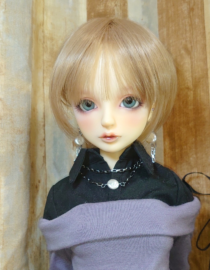 セット品 ステンレス製 コインパールと2連風チェーンのドール用ネックレスと耳飾り(ピアス/イヤリング)