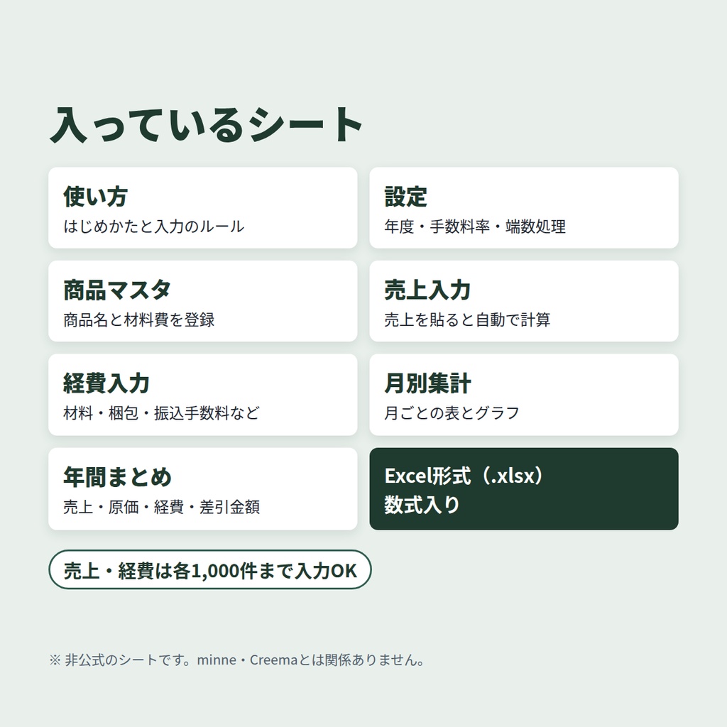 ハンドメイド作家の売上・帳簿シート【minne・Creemaの手数料を自動計算/Excel】