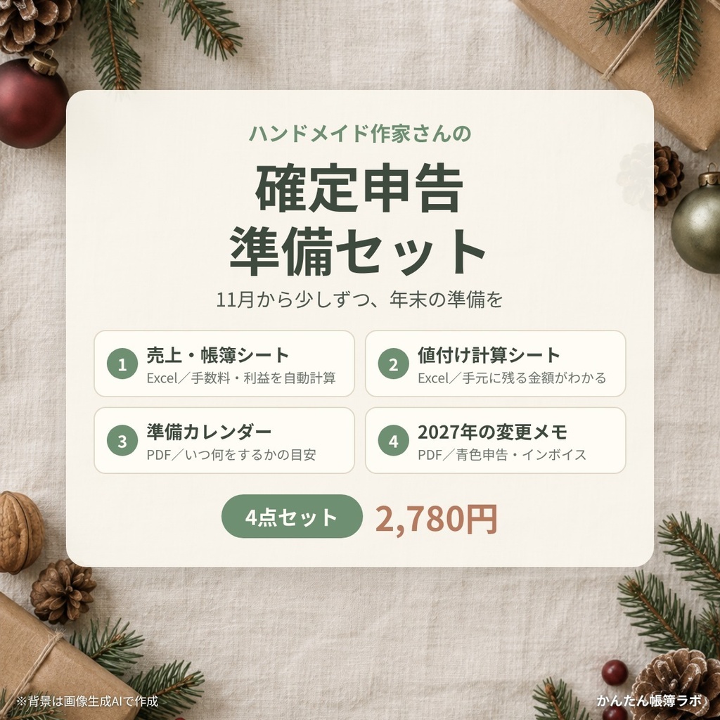 【確定申告準備セット】ハンドメイド作家の帳簿シート＋値付けシート＋準備カレンダー（Excel・PDF）