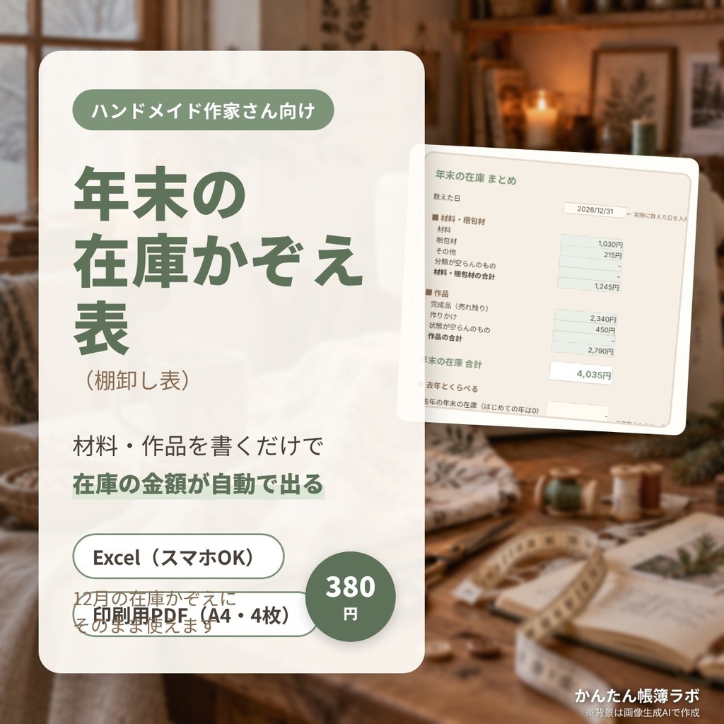 年末の在庫かぞえ表（棚卸し表）｜ハンドメイド作家さん向け Excel＋印刷用PDF