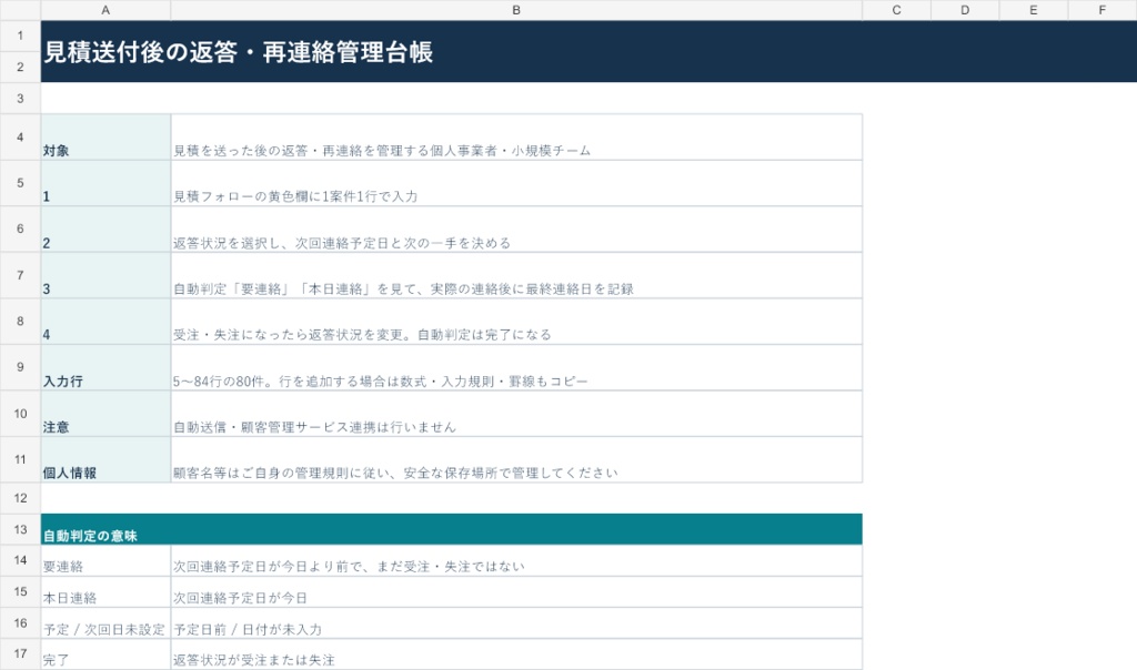 見積送付後の返答・再連絡管理台帳【Excelテンプレート】