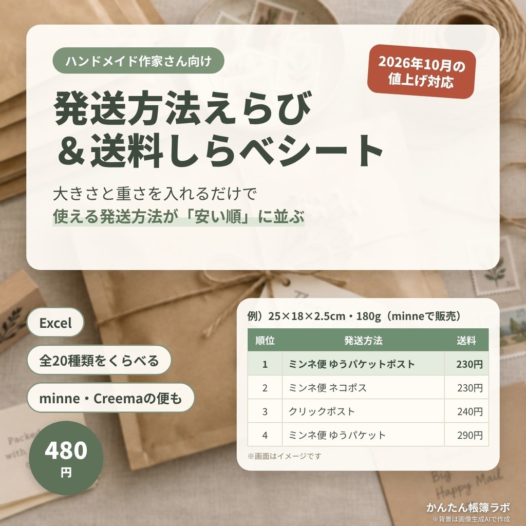 【2026年10月値上げ対応】発送方法えらび＆送料しらべシート｜ハンドメイド作家さん向け Excel