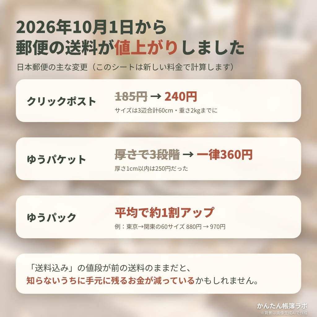 【2026年10月値上げ対応】発送方法えらび&送料しらべシート|ハンドメイド作家さん向け Excel