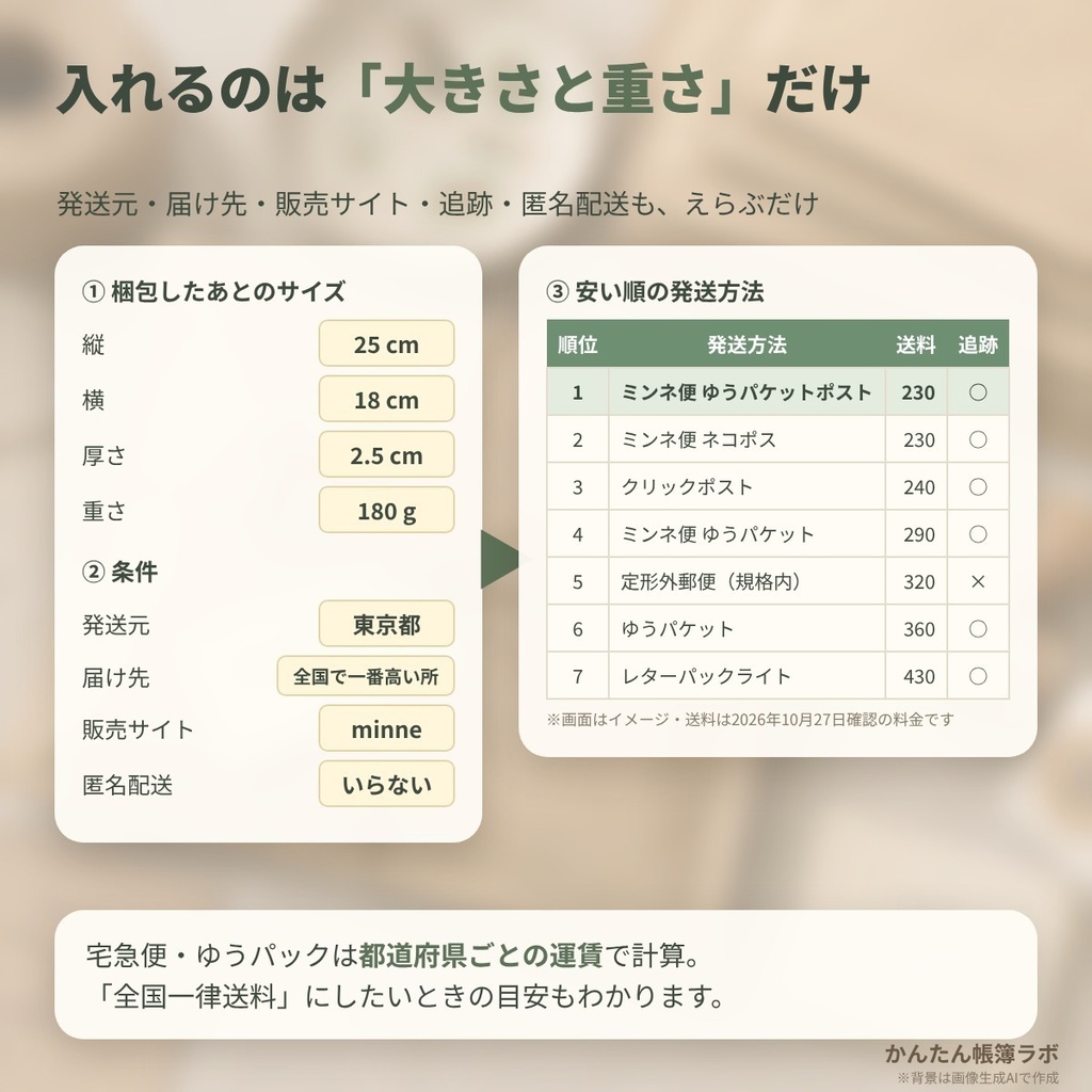 【2026年10月値上げ対応】発送方法えらび&送料しらべシート|ハンドメイド作家さん向け Excel
