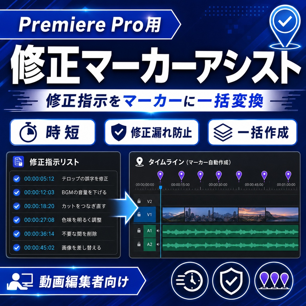 【5/31まで限定価格】Premiere Pro用 修正マーカーアシスト｜修正指示をマーカーに一括変換