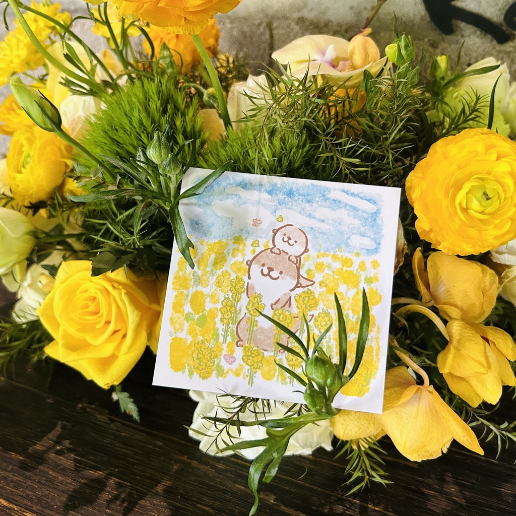 ハガキーカワウソ親子の春の菜の花畑でのんびりタイム