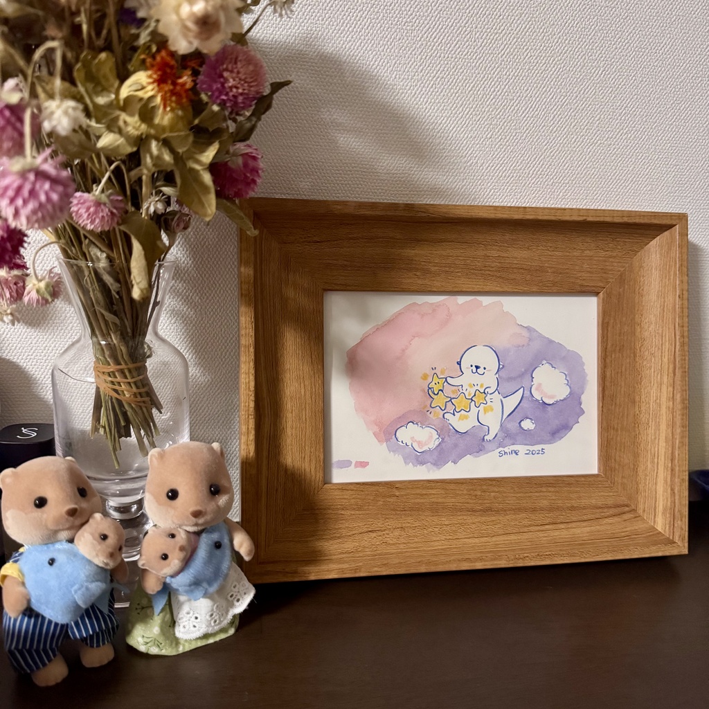 カワウソと星透明水彩原画額付