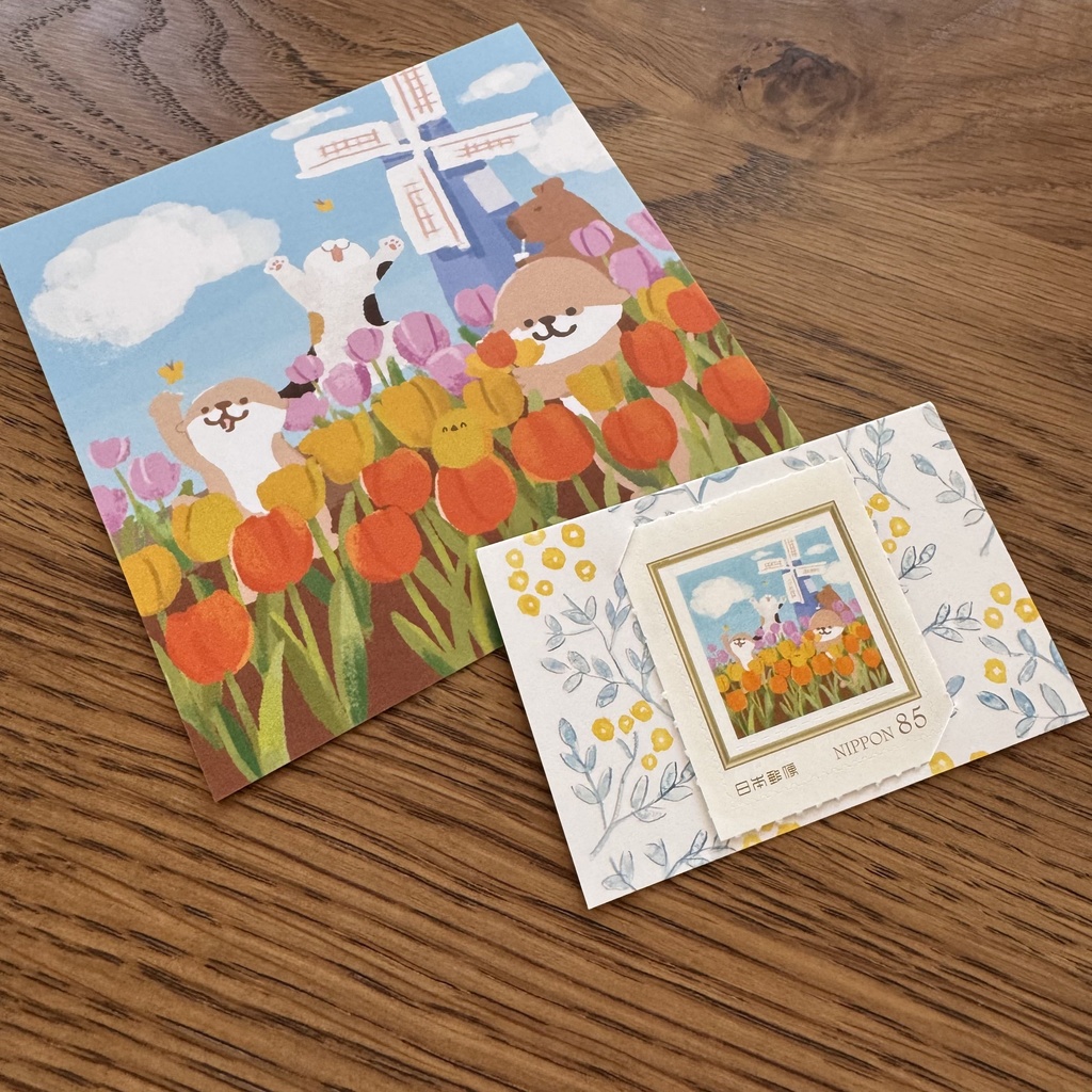 カワウソファミリーとチューリップ畑