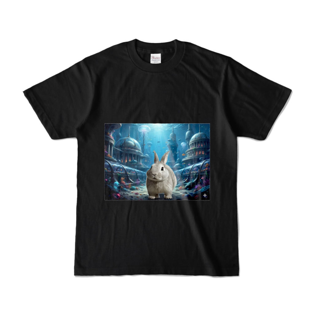 カラーTシャツうさぎの由美が竜宮城を歩く黒Tシャツ