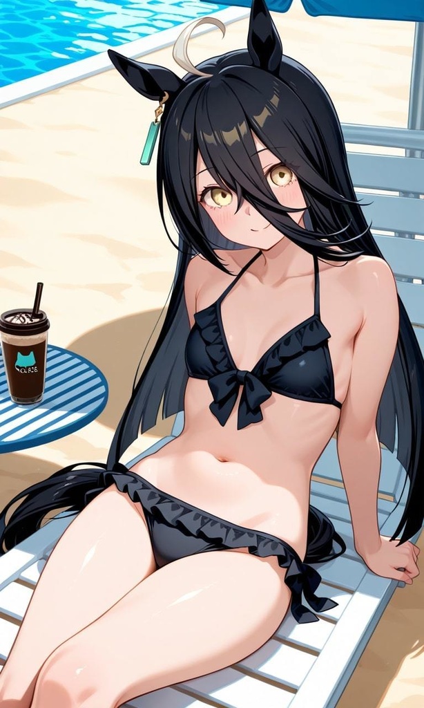 プールサイドでコーヒーブレイクするマンハッタンカフェ　ウマ娘プリティーダービー