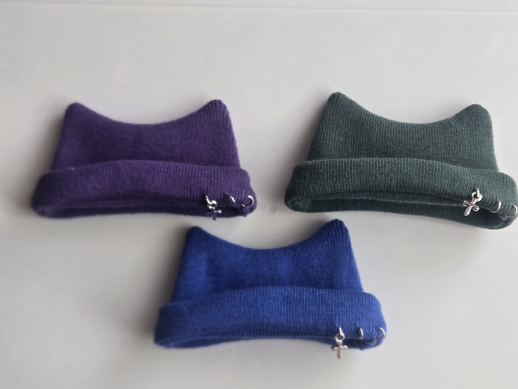 クロス飾り猫耳ニット帽8cmぬい~パペット用