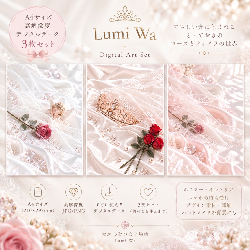 ローズ・ティアラ・天使のA4アート 3枚セット｜Lumi Wa｜エンジェル　デジタルアート　デジタルペーパー　A4 癒し　自己愛　寄り添い　愛
