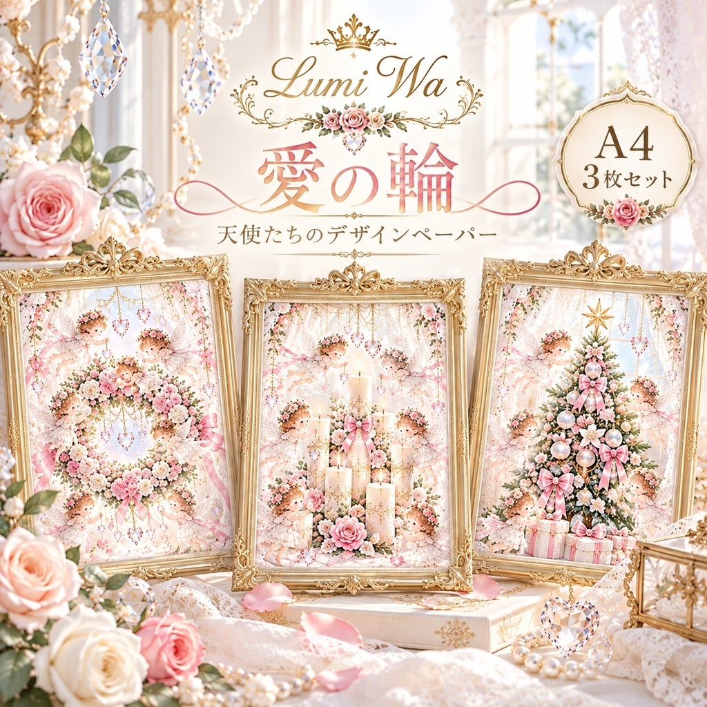 Lumi Wa「愛の輪」天使と薔薇のデザインペーパー 3枚セット|A4 癒し デジタルアート デジタルペーパー 調和 愛 光 クリスタル クリスマス エンジェル